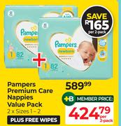 Pampers Premium Care Nappies Value Pack 2 x Sizes 1-2 Plus Free Wipes-Per 2 Pack