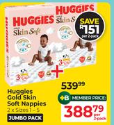 Huggies Gold Skin Soft Nappies 2 x Sizes 1-5 Jumbo Pack-Per 2 Pack