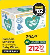 Pampers Sensitive Baby Wipes 9 x 56 Wipes Value Pack-Per Pack