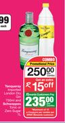 Tanqueray Imported London Dry Gin 750ml & Schweppes Tonic Or Zero Sugar 1L-Per Combo