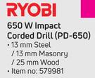 Ryobi 650W Impact Corded Drill PD 650-Each