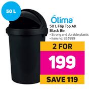 Otima 50L Flip Top All Black Bin-For 2