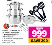 Tissolli 8 Piece Cookware Set + 16 Piece Cutlery Set + 3 Piece Utensil Set-Per Set