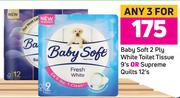 Baby Soft 2 Ply White Toilet Tissue 9's Pack Or Supreme Quilts 12's Pack- For Any 3