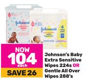 Johhson's Baby Extra Sensitive Wipes 224s Or Gentle All Over Wipes 288's Pack-Each