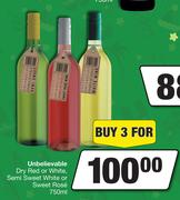 Unbelievable Dry Red Or White, Semi Sweet White Or Sweet Rose-For 3 x 750ml