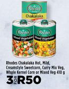 Rhodes Chakalaka Hot,Mild Creamstyle Sweetcorn,Curry Mix Veg,Whole Kernel Corn Or Mixed Veg-3x410g 