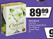 Olive Brook Carnival Natural Sweet White, Dry White Or Sweet Rose-3L Each