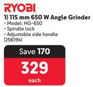 Ryobi 115mm 650W Angle Grinder HG-650-Each