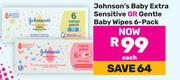 Johnson's Baby Extra Sensitive or Gentle Baby Wipes (6 Pack)-Each
