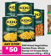 Koo Mixed Vegetables, Garden Peas, Whole Kernel Or Cream Style Sweetcorn-For Any 3 x 410g-415g