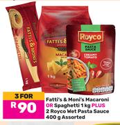 Fatti's & Moni's Macaroni Or Spaghetti 1Kg + 2 x Royco Wet Pasta Sauce 400g Assorted-For 3