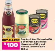 2 x Koo Pichards 400g & Cross & Blackwell Mayonnaise 750g & All Gold Tomato Sauce 700ml-For All