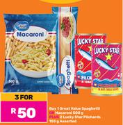1 Great Value Spaghetti Or Macaroni 500g Plus 2 x Lucky Star Pilchards 155g-For 3