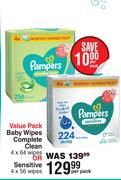 Pampers Value Pack Baby Wipes Complete Clean 4 x 64 Wipes Or Sensitive 4 x 56 Wipes-Per Pack