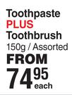 White Glo Toothpaste Plus Toothbrush Assorted-150g Each