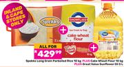 Spekko Long Grain Parboiled Rice 10Kg+Cake Wheat Flour 10Kg+Great Value Sunflower Oil 5L-All For