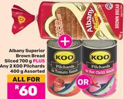Albany Superior Brown Bread Sliced 700g + 2 x Koo Pilchards 400g-All For