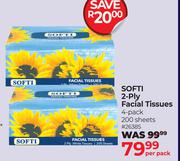 Softi 2-Ply Facial Tissues (4 Pack) 200 Sheets-Per Pack
