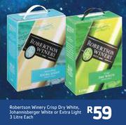 Robertsons Winery Crisp Dry White,Johannisberger White Or Extra Light-3Ltr Each