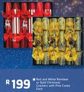 Red & White Reindeer Or Gold Christmas Crackers With Pine Cones-Each