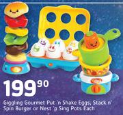 Bright Starts Giggling Gourmet Put 'n Shake Eggs, Stack N Spin Burger Or Nex N Sing Pots-Each