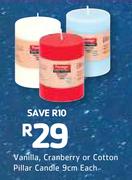 Prestige Vanilla, Cranberry Or Cotton Pillar Candle-9cm Each