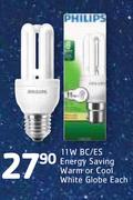 Philips 11W BC/ES Energy Saving Warm Or Cool White Globe-Each
