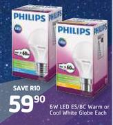 Philips 6W LED ES/BC Warm Or Cool White Globe-Each