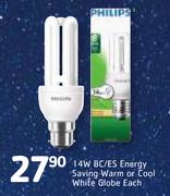 Philips 14W BC/ES Energy Saving Warm Or Cool White Globe-Each