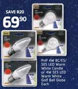 PnP 4W BC/ES/SES LED Warm White Candle Or 4W SES LED Warm White Golf Ball Globe-Each