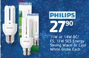 Philips 11W Oe 14W BC/ES, 11W SES Energy Saving Warm Or Cool White Globe Each