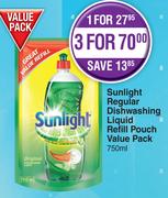 Sunlight Regular Dishwashing Liquid Refill Pouch Value Pack-For 3 x 750ml