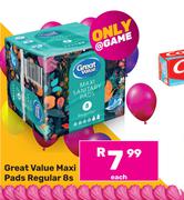 Great Value Maxi Pads Regular 8s-Each