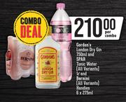 Gordon's London Dry Gin 750ml & Spar Tonic Water(All Variants) 1L & Bernini Handies 6x275ml-Per Comb