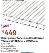 Clear Polycarbonate Multiwall Sheet T 5 mm x W 100 mm x L 2000 mm