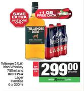 Tullamore D.E.W Irish Whisky 750ml & Devil's Peak Lager Handies 6 x 330ml-Both For