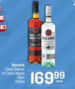 Bacardi Carta Blanca Or Carta Negra Rum-750ml Each