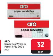 Aro Serviettes (White Or Pastel) 1 Ply-200's Pack