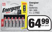 Energizer Max Batteries AA / AAA 4 + 2 Free- Per Pack