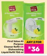 First Value All Purpose Cleaner Refill Or Dishwashing Liquid Refill-For Any 2 x 750ml