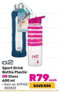 O2 Sport Drink Bottle Plastic Or Glass-600ml Each