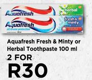 Aquafresh Fresh & Minty Or Herbal Toothpaste-For 2 x 100ml
