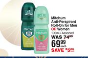 Mitchum Anti Perspirant Roll On For Men Or Women Assorted-100ml Each