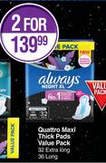 Always Quattro Maxi Thick Pads Value Pack 32 Extra Long, 36 Long-For 2