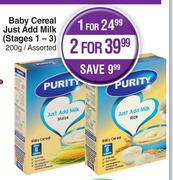 Purity Baby Cereal Just Add Milk Stages 1-3 Assorted-For 2 x 200g
