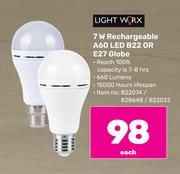 Lightworx 7W Rechargeable A60 LED B22 Or E27 Globe-Each