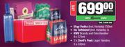Skyy Vodka 750ml+Du Toitskloof 3L+KWV Brandy & Cola Handies 6x275ml+Devils Peak Handies 2x6x330ml