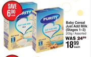 Purity Baby Cereal (Just Add Milk) Stages 1-3 Assorted-200g Each