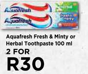 Aquafresh Fresh & Minty Or Herbal Toothpaste-For 2 x 100ml